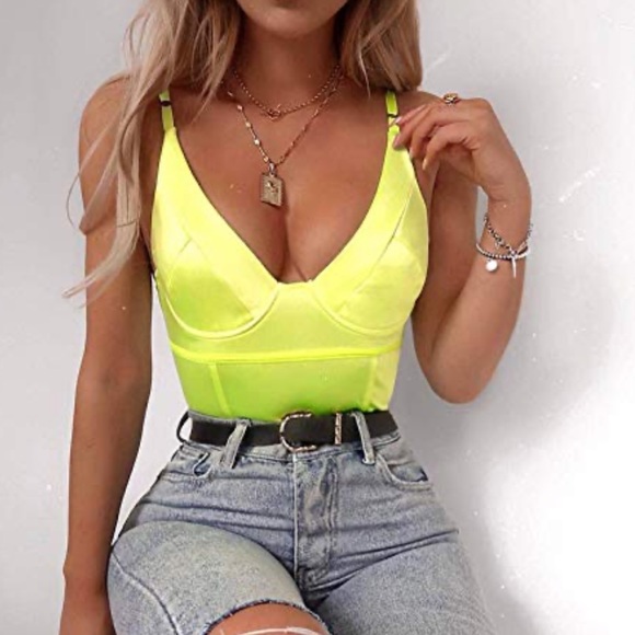 Neon Bodysuit Top Teddy Sleeveless Sling Satin - Picture 2 of 8